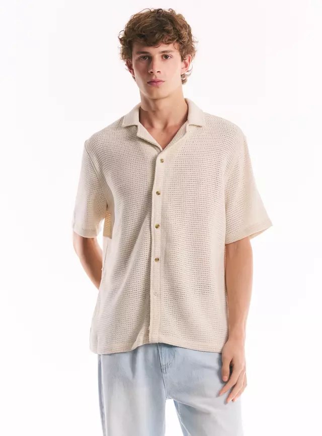 Camisa Lino Algodón Cuello Resort Tejida