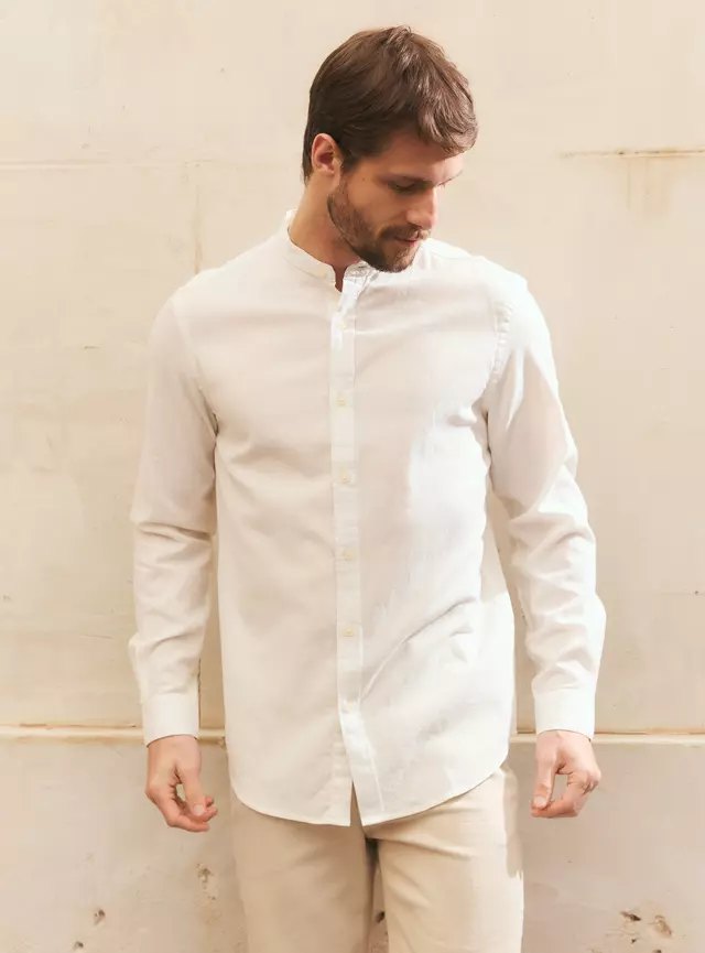 Camisa Manga Larga Lino Cuello Mao